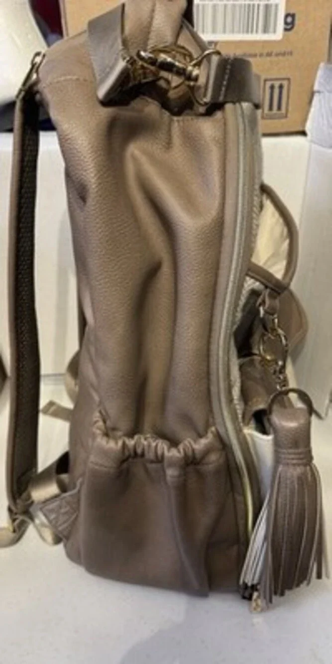 Itzy Ritzy Taupe Cream Faux Leather Chevron Diaper Backpack Bag with Pockets